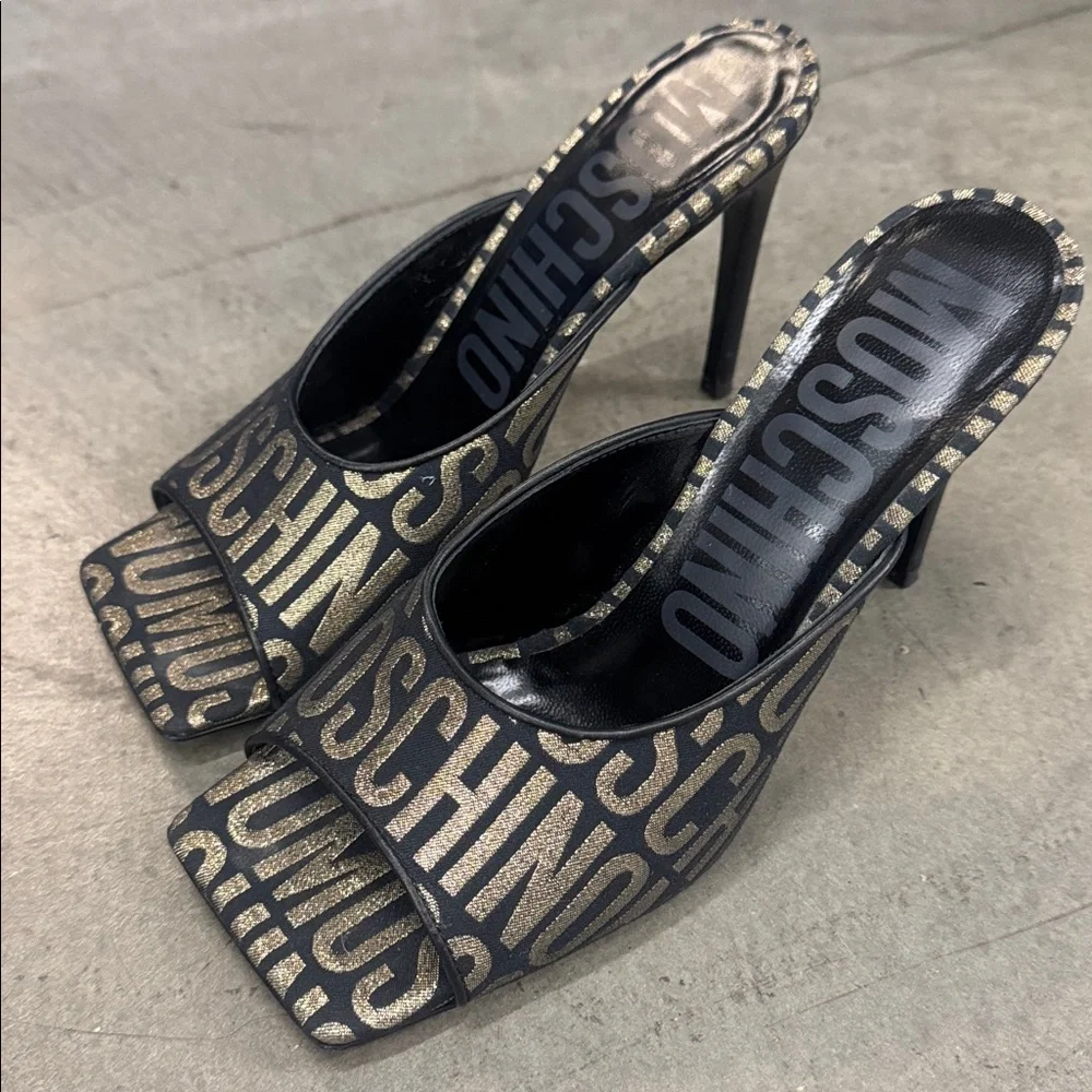 Moschino Black and Gold Logo Mules - Picture 1 of 6